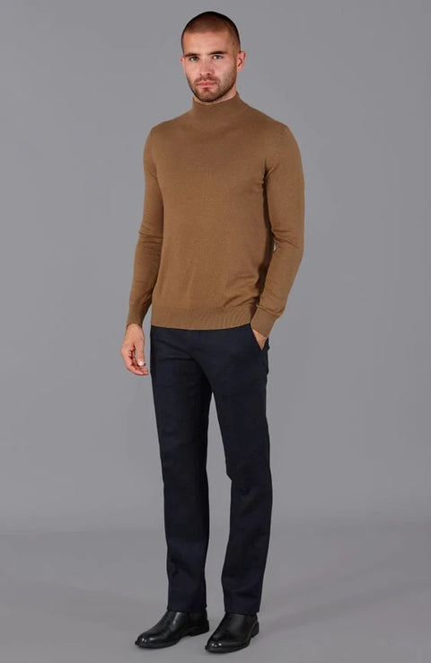 Mens Ultra Fine Cotton Mock Turtle Neck Jumper Camel