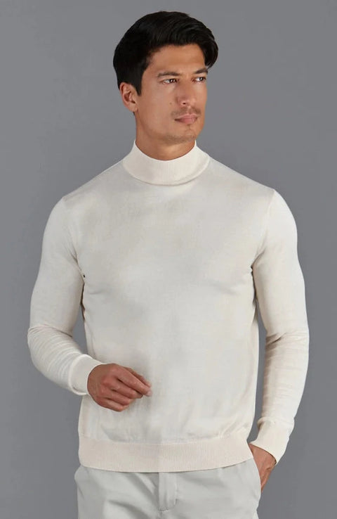 Mens Ultra Fine Cotton Mock Turtle Neck Jumper Ecru