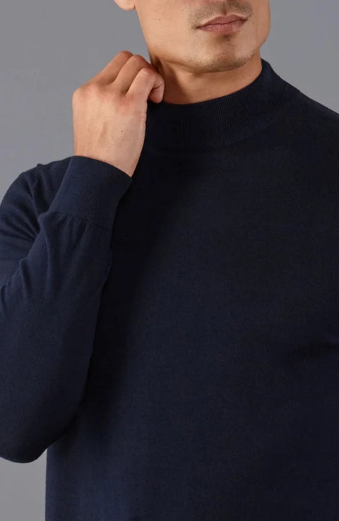 Mens Ultra Fine Cotton Mock Turtle Neck Jumper Navy