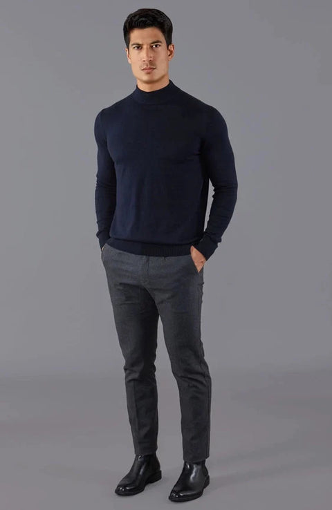Mens Ultra Fine Cotton Mock Turtle Neck Jumper Navy
