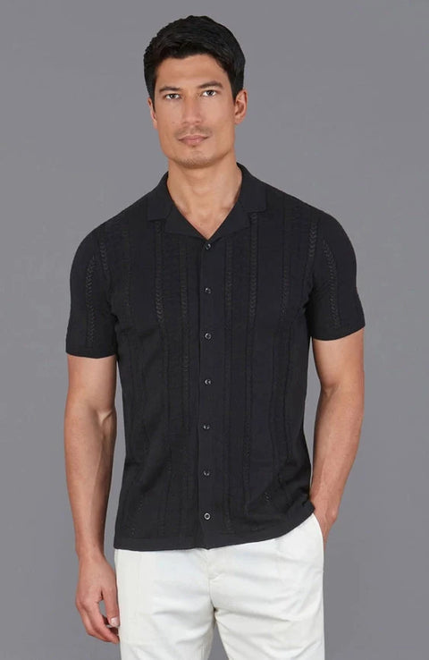 Mens Ultra Fine Cotton Open Knit Cuban Collar Shirt Black