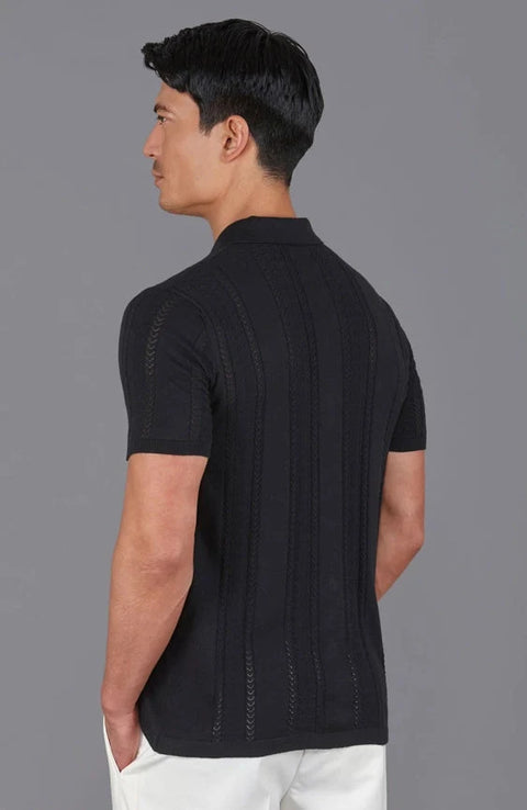 Mens Ultra Fine Cotton Open Knit Cuban Collar Shirt Black