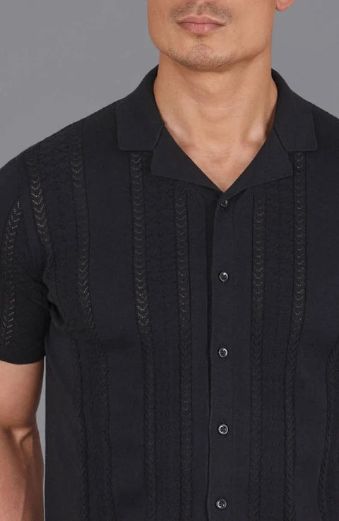 Mens Ultra Fine Cotton Open Knit Cuban Collar Shirt Black