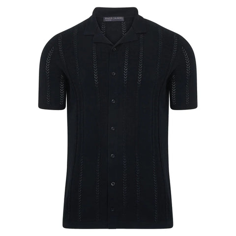 Mens Ultra Fine Cotton Open Knit Cuban Collar Shirt Black