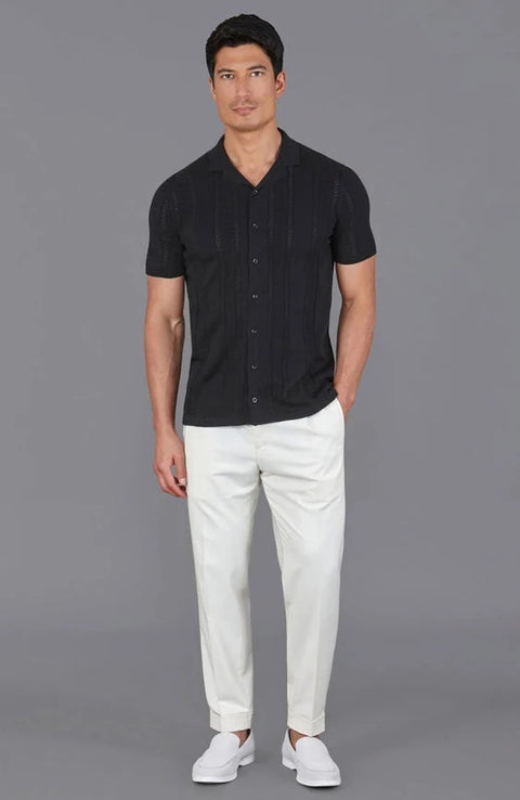 Mens Ultra Fine Cotton Open Knit Cuban Collar Shirt Black