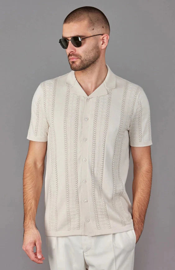 Mens Ultra Fine Cotton Open Knit Cuban Collar Shirt Ecru