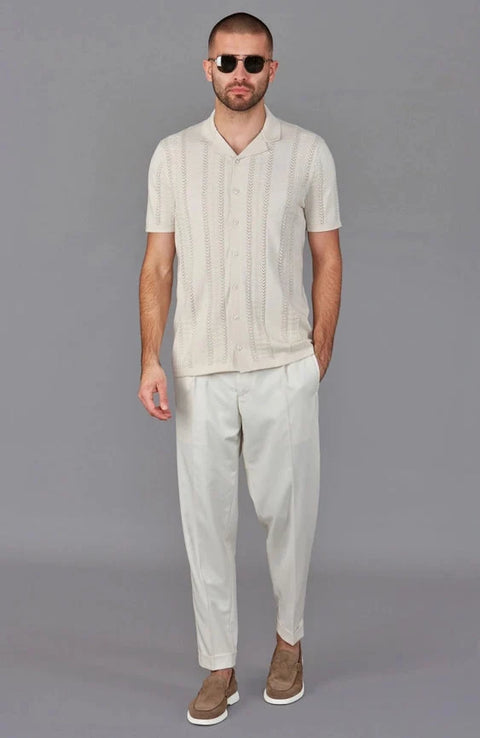 Mens Ultra Fine Cotton Open Knit Cuban Collar Shirt Ecru