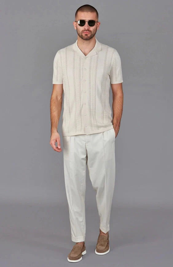 Mens Ultra Fine Cotton Open Knit Cuban Collar Shirt Ecru