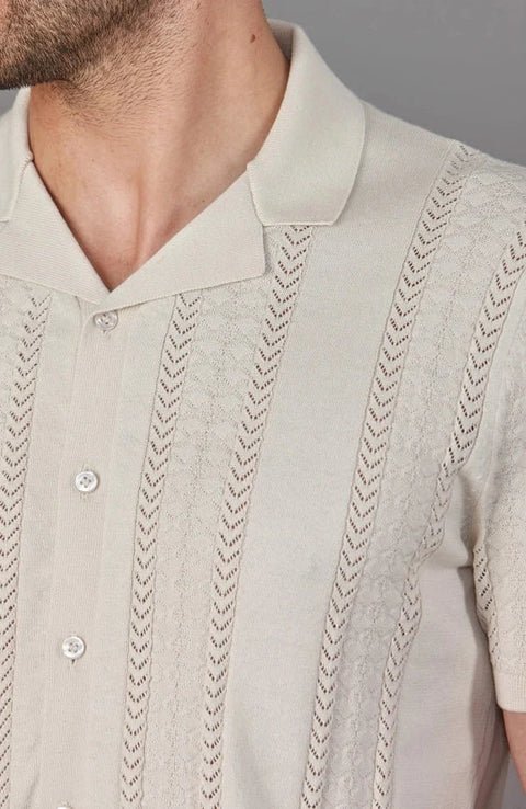 Mens Ultra Fine Cotton Open Knit Cuban Collar Shirt Ecru