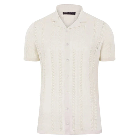 Mens Ultra Fine Cotton Open Knit Cuban Collar Shirt Ecru