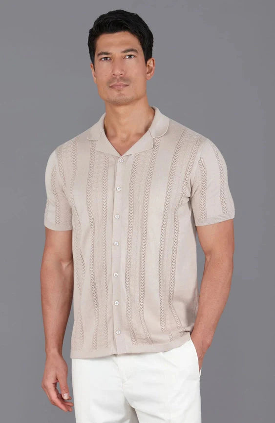 Mens Ultra Fine Cotton Open Knit Cuban Collar Shirt Linen