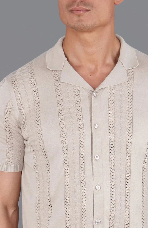 Mens Ultra Fine Cotton Open Knit Cuban Collar Shirt Linen