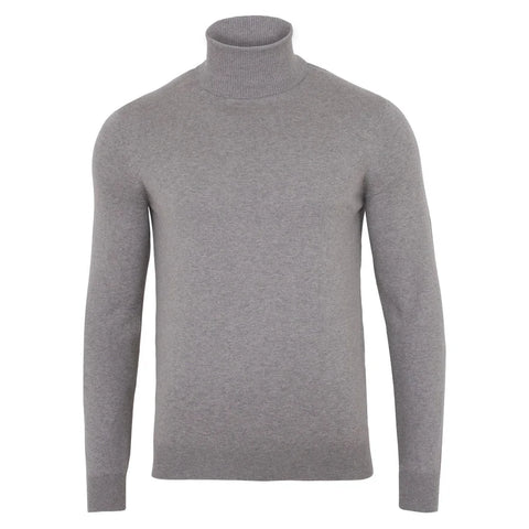 Mens Ultra Fine Cotton Roll Neck Jumper Ash Grey