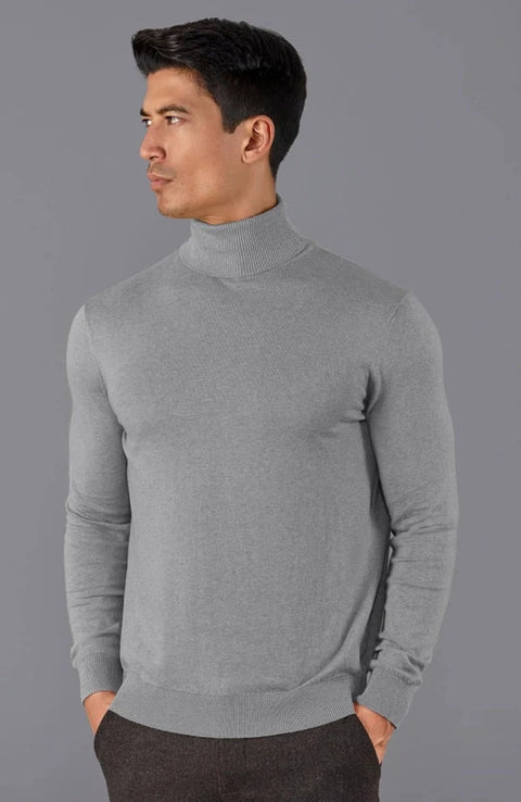Mens Ultra Fine Cotton Roll Neck Jumper Ash Grey