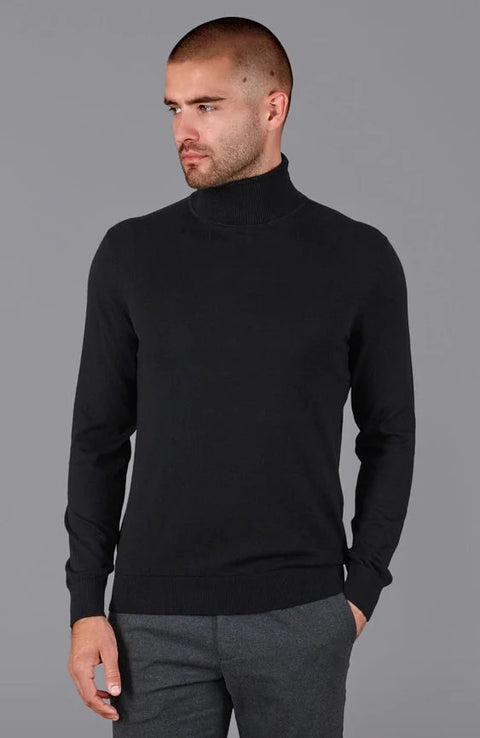 Mens Ultra Fine Cotton Roll Neck Jumper Black