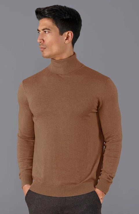 Mens Ultra Fine Cotton Roll Neck Jumper Camel