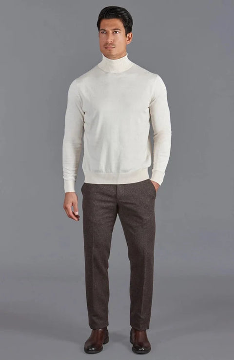 Mens Ultra Fine Cotton Roll Neck Jumper Ecru