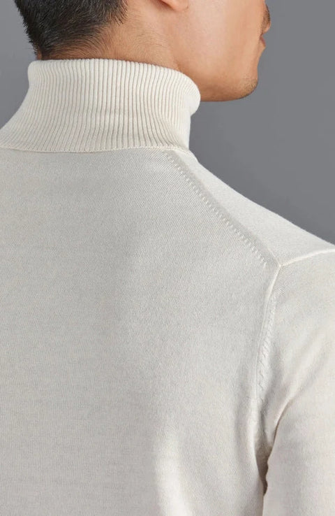 Mens Ultra Fine Cotton Roll Neck Jumper Ecru