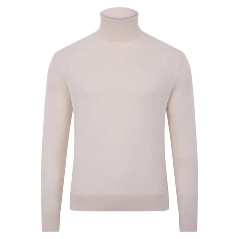 Mens Ultra Fine Cotton Roll Neck Jumper Ecru