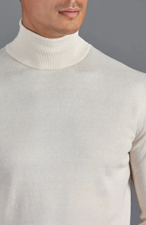 Mens Ultra Fine Cotton Roll Neck Jumper Ecru