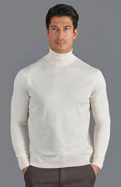 Mens Ultra Fine Cotton Roll Neck Jumper Ecru
