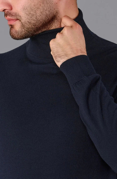 Mens Ultra Fine Cotton Roll Neck Jumper Navy