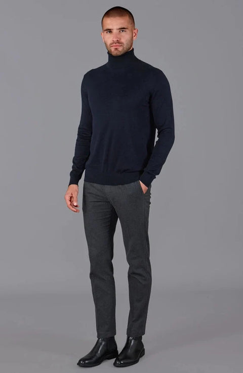 Mens Ultra Fine Cotton Roll Neck Jumper Navy