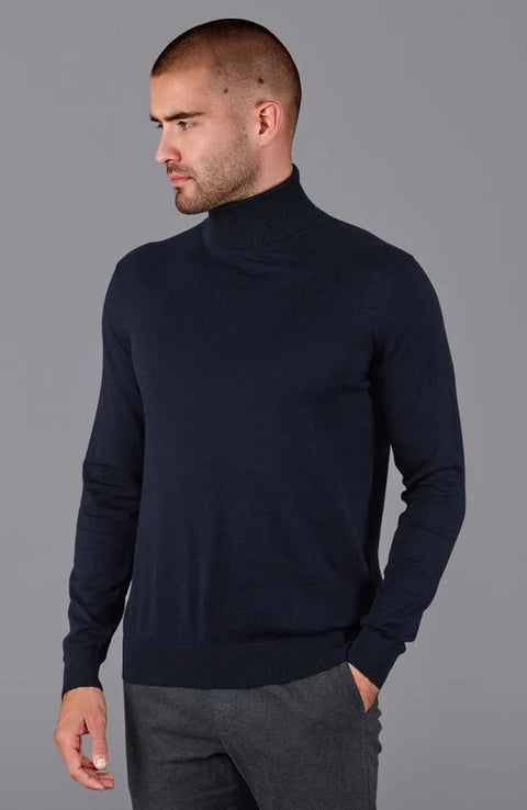 Mens Ultra Fine Cotton Roll Neck Jumper Navy