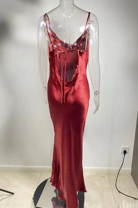 Open Back Cowl Satin Slip Maxi Dress Metallic Red