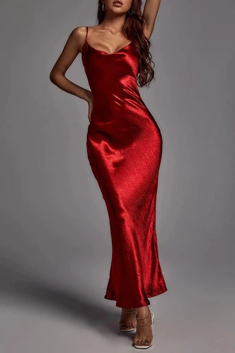Open Back Cowl Satin Slip Maxi Dress Metallic Red