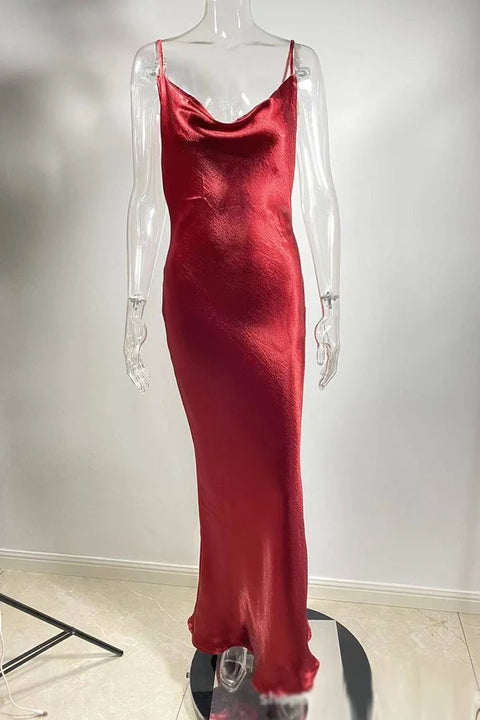 Open Back Cowl Satin Slip Maxi Dress Metallic Red