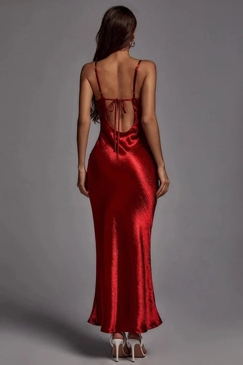 Open Back Cowl Satin Slip Maxi Dress Metallic Red