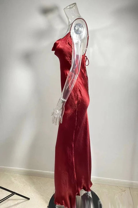 Open Back Cowl Satin Slip Maxi Dress Metallic Red