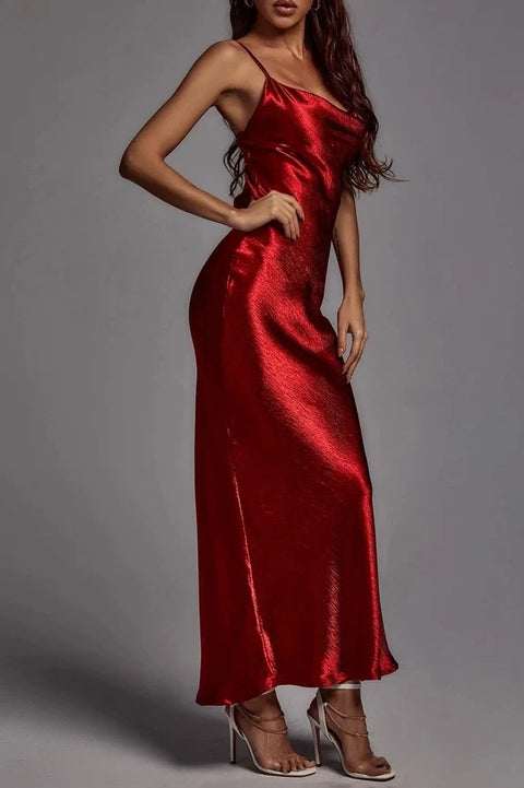 Open Back Cowl Satin Slip Maxi Dress Metallic Red