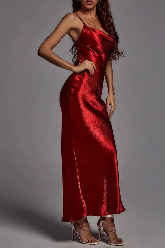 Metallic Satin Sexy Open Back Cowl Slip Maxi Dress red