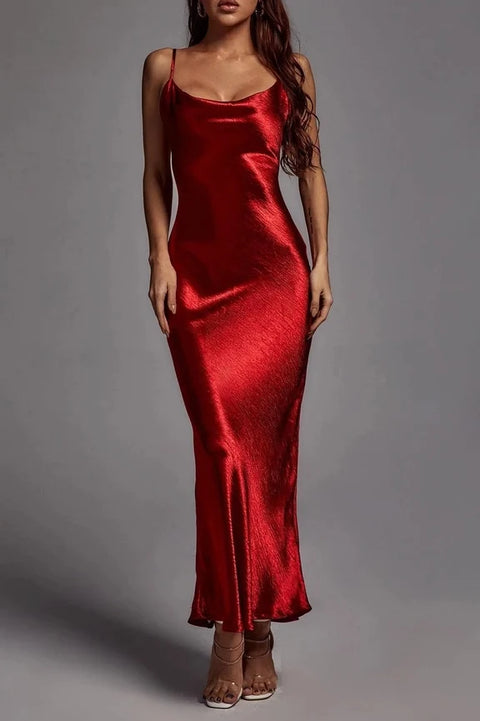 Open Back Cowl Satin Slip Maxi Dress Metallic Red
