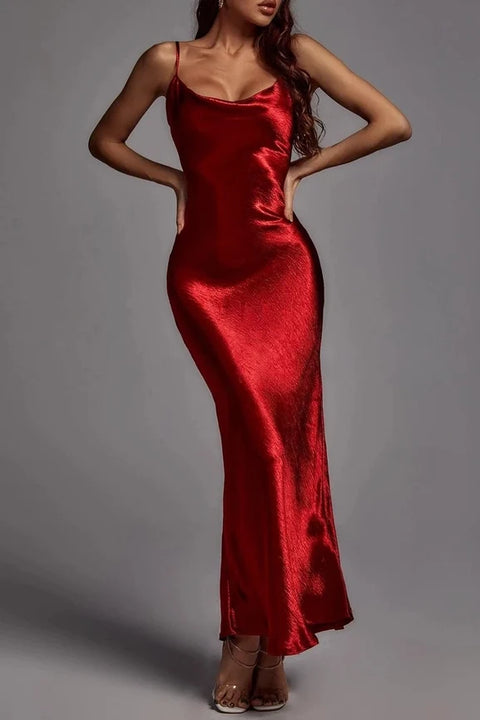 Open Back Cowl Satin Slip Maxi Dress Metallic Red
