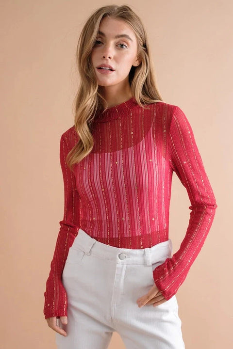 Metallic Star Stripe Mesh Mock Neck Top Red