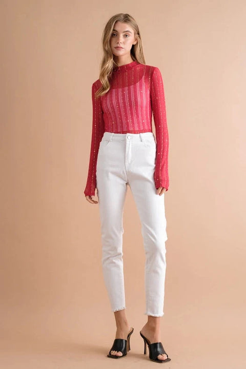 Metallic Star Stripe Mesh Mock Neck Top Red
