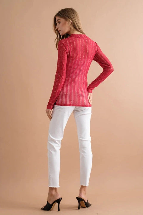 Metallic Star Stripe Mesh Mock Neck Top Red