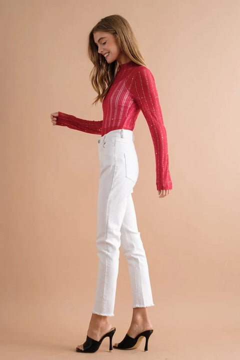 Metallic Star Stripe Mesh Mock Neck Top Red