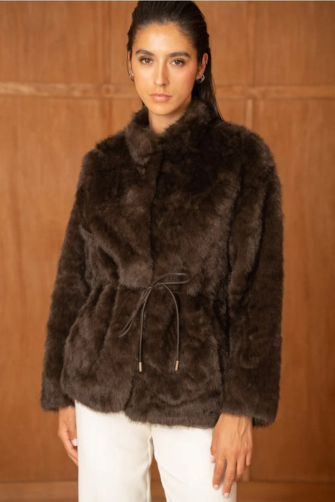 Mid-Length Belted Jacket with A High Faux-Fur Collar