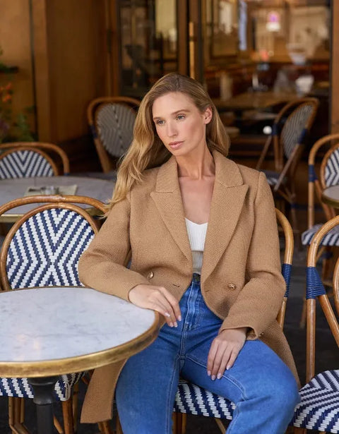Mid-Length Fitted Double-Breasted Jacket with Wool - Camel