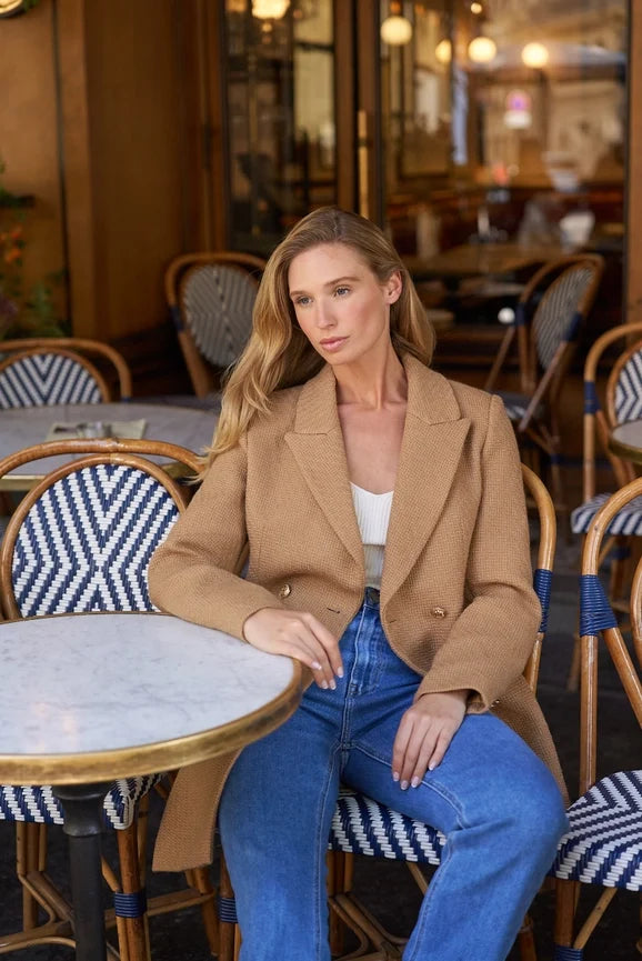 Mid-Length Fitted Double-Breasted Jacket with Wool - Camel
