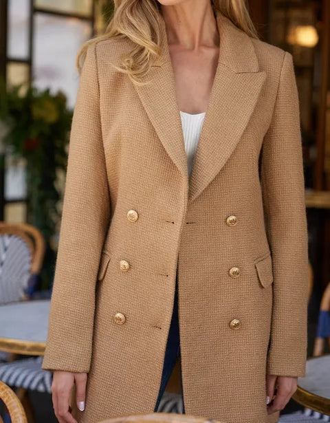 Mid-Length Fitted Double-Breasted Jacket with Wool - Camel