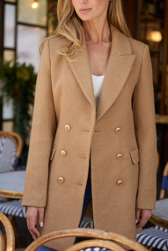 Mid-Length Fitted Double-Breasted Jacket with Wool - Camel