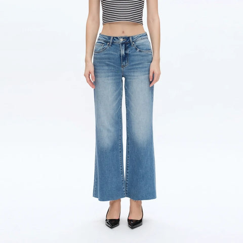 Mid Rise Wide Leg Jeans with Raw Hem MEDIUM BLUE