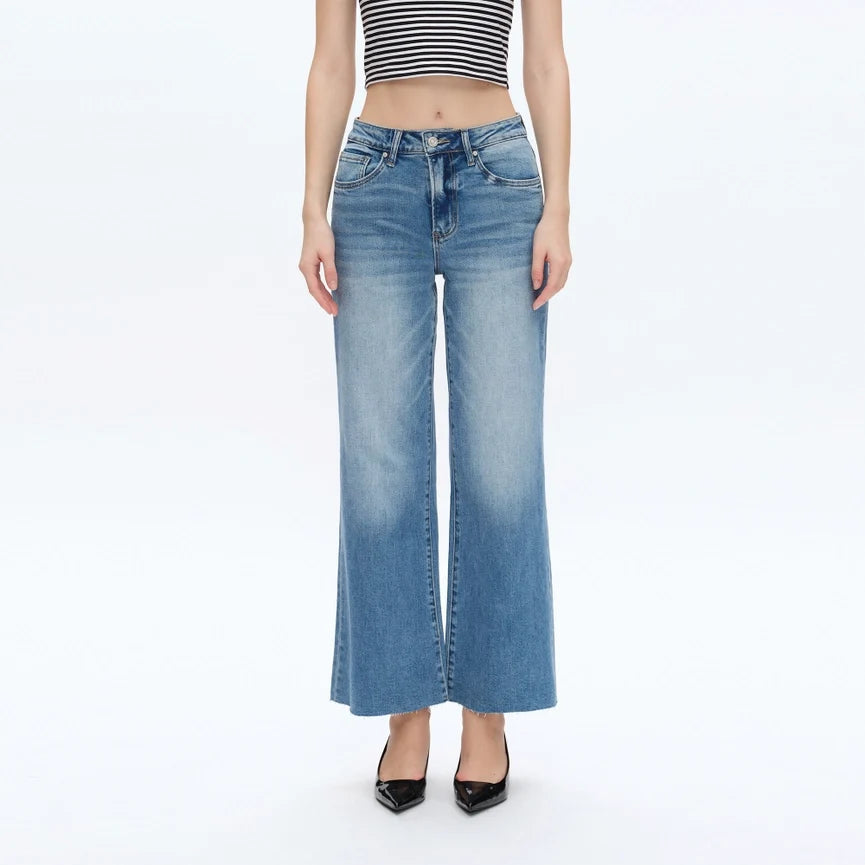 Mid Rise Wide Leg Jeans with Raw Hem MEDIUM BLUE