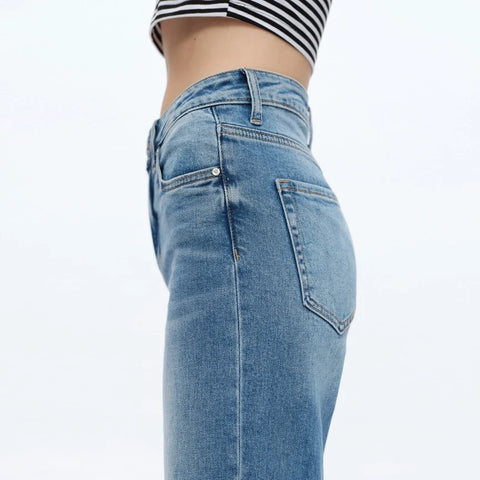 Mid Rise Wide Leg Jeans with Raw Hem MEDIUM BLUE