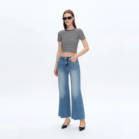 Mid Rise Wide Leg Jeans with Raw Hem MEDIUM BLUE